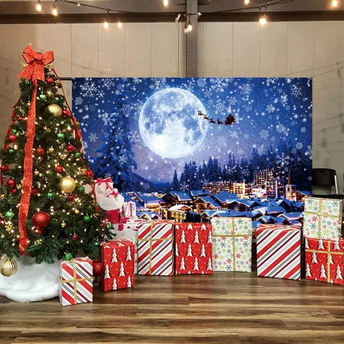 Vista 2 de Telón de fondo de 2,1 x 1,5 m para pueblo navideño, nieve invernal, cielo nocturno, montaña, Santa, fondo para fotografía, decoración para fiesta