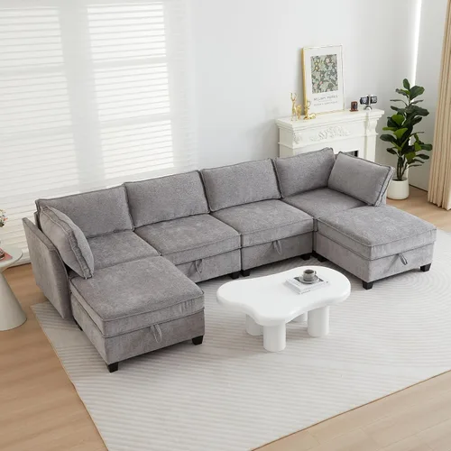 Vista 34 de ORRD Juego de sofá modular esquinero de gran tamaño, sofá convertible en forma de L con almacenamiento, sofá modular de 8 plazas con otomanas y Beige