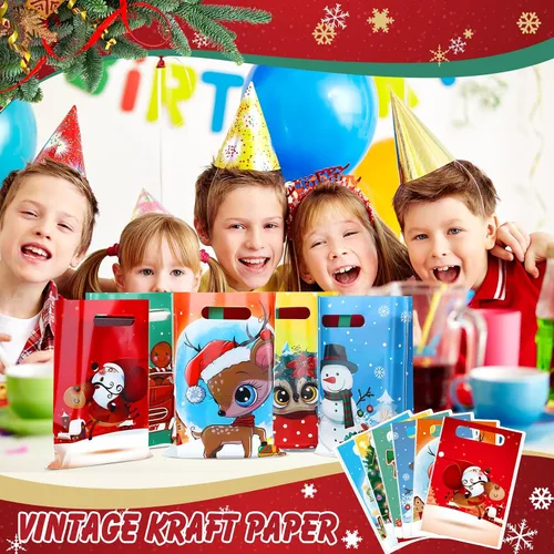 Vista 3 de Sinmoe - 200 bolsas de plástico navideñas de 9 x 12, colores mezclados Con asas, reutilizable para fiestas minoristas de caramelos, diseños