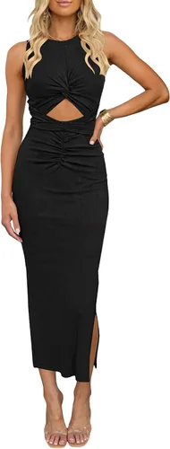 Vista 9 de oten Vestido largo sexy para mujer, fruncido, sin mangas, con nudo y abertura, acanalado, para fiesta, club, salida nocturna