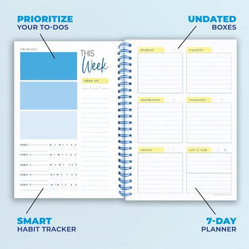 Vista 3 de Agenda semanal encuadernada en espiral A5 – Agenda sin fecha – Cuaderno de lista de tareas – Rastreador de hábitos – 52 semanas – Agenda diaria sin