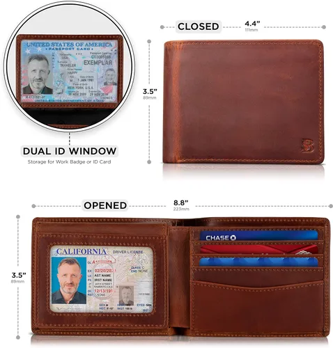 Vista 3 de SERMAN BRANDS Cartera de 2 ventanas de identificación para hombres con bloqueo RFID, tapa plegable, cartera de viaje de capacidad adicional