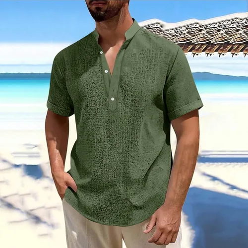 Vista 2 de Camisa hawaiana para hombre, manga corta, cuello en V, cuello en V, camisas de lino con botones, camisetas de crucero, camisetas casuales bohemias
