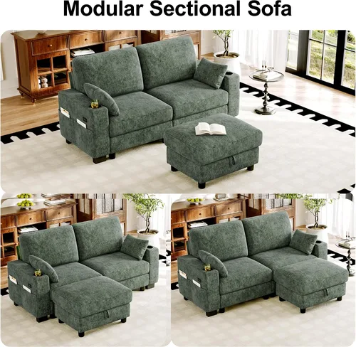 Vista 3 de Vipbear Sofá modular en forma de L de 72 pulgadas, cómodo sofá biplaza de felpilla de 2 plazas con otomana y almohadas móviles, sofá modular Verde