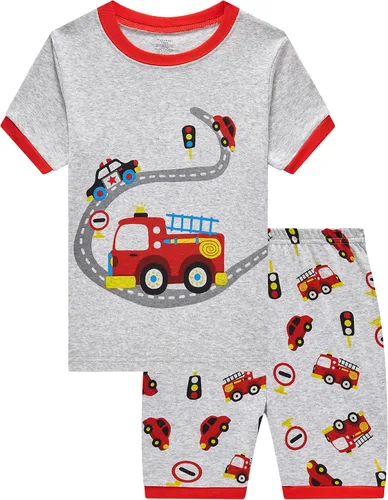 Vista 8 de Popshion Pijamas cortas de 2 piezas para niños pequeños, ropa de dormir de tiburón de tren, 100% algodón, pijamas de dinosaurio para niños pequeños