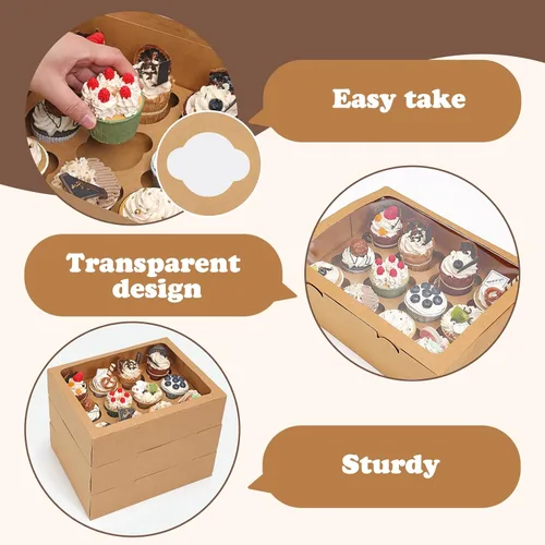 Vista 4 de Moretoes Cajas para cupcakes, 12 unidades, paquete de 7 recipientes desechables para cupcakes con ventana e insertos, suministros de panadería