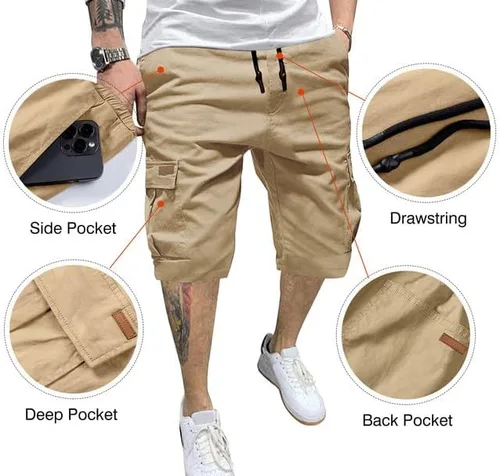 Vista 7 de JMIERR Pantalones cortos de sarga para hombre con cordón de algodón clásico elástico con 6 bolsillos