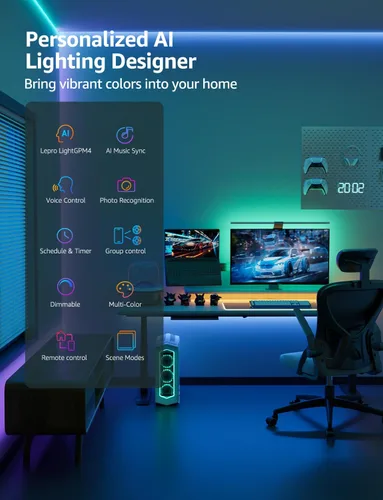 Vista 9 de Lepro SE1 AI - Tira de luces LED inteligentes – Tiras de luz RGB que cambian de color de 16.4 pies con control de aplicación, iluminación generada