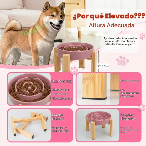 Vista 3 de Cuenco elevado para perros de alimentación lenta – Plato de comida de cerámica con soporte de bambú – Diseño de laberinto elevado – Ideal para Rosa