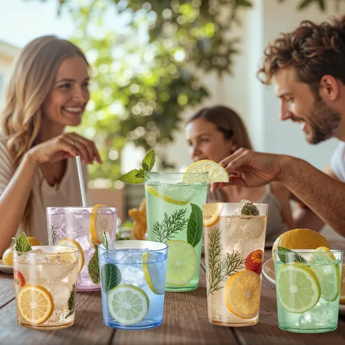 Vista 4 de Liacere Juego de Vasos de Beber Coloridos Set de 8 - Vasos de Plástico Highball de 17oz y Vasos de Plástico para Cóctel de 14oz, Vasos de Agua