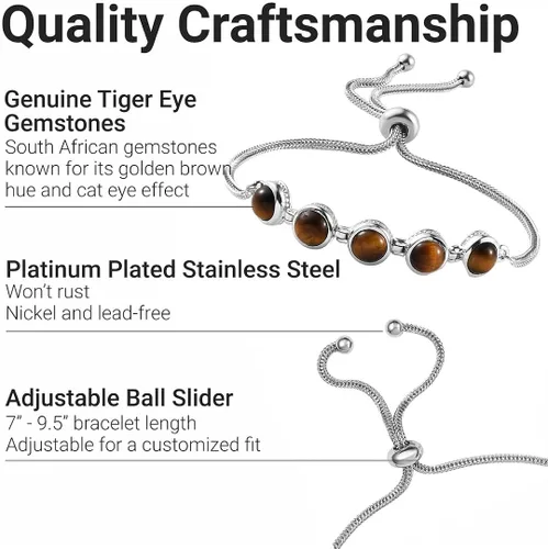 Vista 3 de Shop LC Tiger Eye Bolo Bracelet - Platinum Plated Stainless Steel Adjustable Gemstone Bracelet - Ball Slider Bracelet for Women Costume Jewelry for