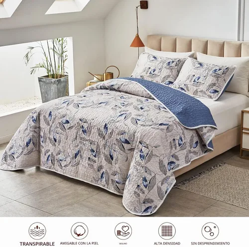 Vista 2 de Joyreap Juego de edredón de microfibra de 2 piezas, hojas azules botánicas sobre gris claro, diseño reversible, funda de cama para todas las Azul