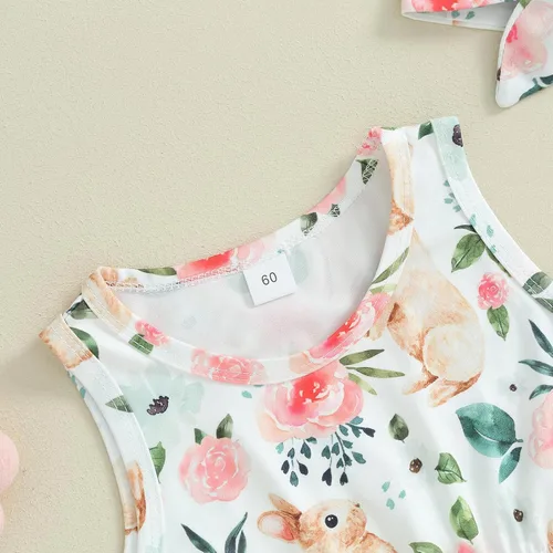 Vista 5 de AEEMCEM Traje de Pascua para bebé recién nacida, con estampado floral, sin mangas, con borla, mameluco de una pieza con diadema