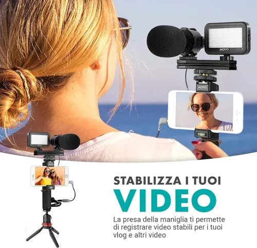 Vista 2 de Movo V7+ - Kit de inicio de YouTube para iPhone con trípode, agarre, micrófono estéreo, luz LED y control remoto, kit de vlog para iPhone 5, 5C, 5S