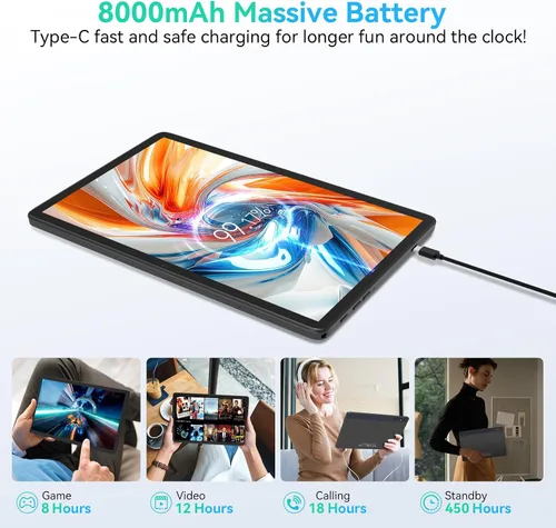 Vista 3 de Tablet Android 14 2 en 1 de 10 pulgadas con teclado/funda, 14 GB de RAM, 128 GB de ROM (TF 1 TB), Octa-Core, pantalla Incell, WiFi 5G+4G LTE