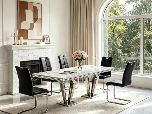 Vista 19 de 5 Piece Black Marble Dining Table Set for 4, Modern Faux Marble Kitchen Dining Room Tables with 4 Leather Chairs Set, 68.11" Luxury Rectangular