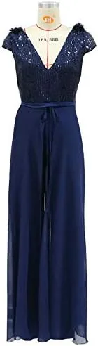 Vista 5 de Olivcker Vestido de noche de fiesta con pantalones, color azul, sin mangas, cintura alta, empalme, malla sexy con cuello en V