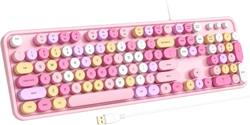 Vista 23 de Atelus Teclado USB con cable con retroiluminación de 7 colores, teclado de tamaño completo con teclas retro, teclado numérico y tecla de acceso