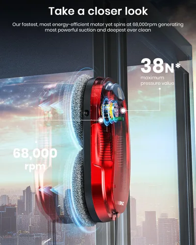 Vista 4 de BNZ Robot inteligente de limpieza de ventanas, limpiador de ventanas Twin Turbo con doble espray automático y múltiples sistemas de seguridad
