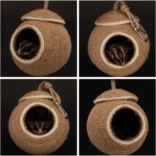 Vista 7 de Sugar Glider House - Cabaña de cuerda de cáñamo con cáscara de coco natural, nido para planeador de azúcar, hámster, ardilla, periquito de pájaro