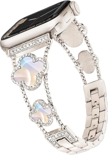 Vista 17 de wipalor Correa de trébol de cuatro hojas para Apple Watch para mujer de 42mm 41mm 40mm 38mm, correas delgadas iWatch para mujer, correas metálicas