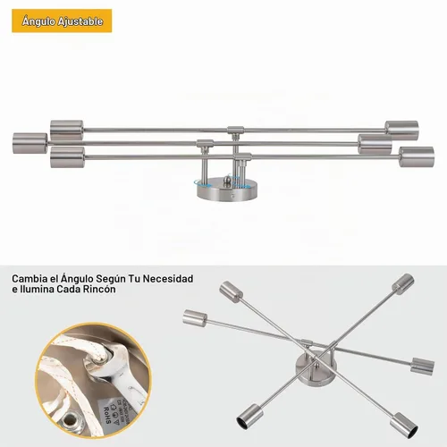 Vista 5 de Candelabros Sputnik modernos de 6 luces, lámparas de araña de techo semiempotradas de plata de mediados del siglo XX con base E26, lámpara Plateado