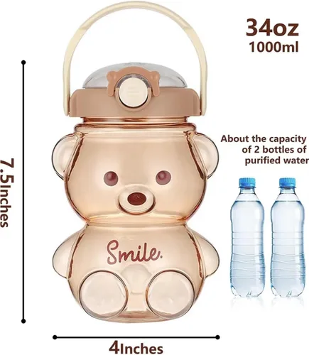 Vista 5 de Botella de agua Kawaii Bear a prueba de fugas con correa de hombro ajustable y extraíble para niños y niñas (café)