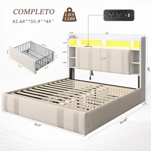 Vista 2 de EnHomee Base de cama de tamaño matrimonial con 4 cajones de almacenamiento y cabecero tapizado, marco de cama matrimonial con LED, estación de carga