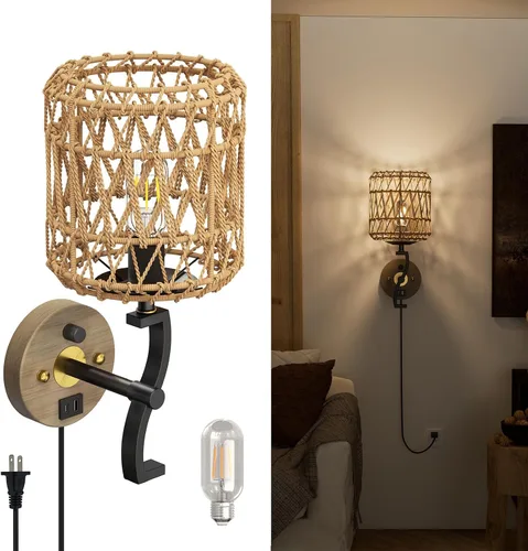 Vista 10 de N12-3 Aplique de pared de ratán bohemio de dos luces, accesorios de tocador para espejo, pantalla tejida en cruz y lámpara de pared cableada