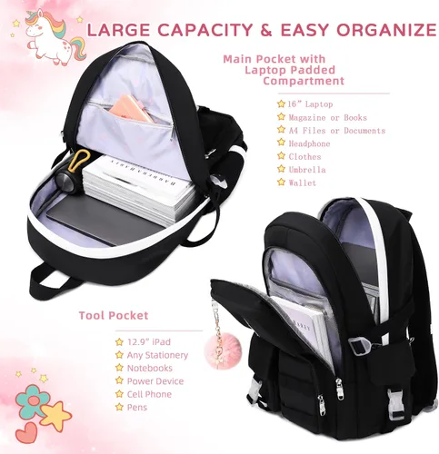 Vista 3 de Mochila para niñas, mochila escolar para laptop de 15.6 pulgadas, mochila grande para primaria, primaria, escuela media, mochilas para niños