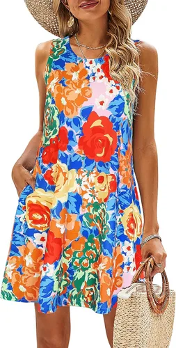 Vista 105 de SimpleFun - Vestidos de verano para mujer, camiseta floral, vestido de playa de estilo bohemio, informal, con bolsillos y sin mangas