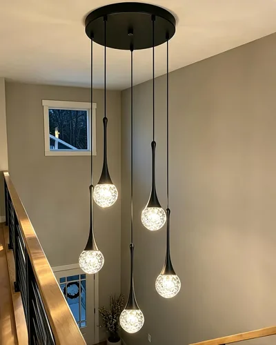 Vista 22 de Candelabro de 5 luces de cristal cepillado dorado, regulable, con forma de gota de lluvia, lámpara colgante en espiral ajustable de lujo