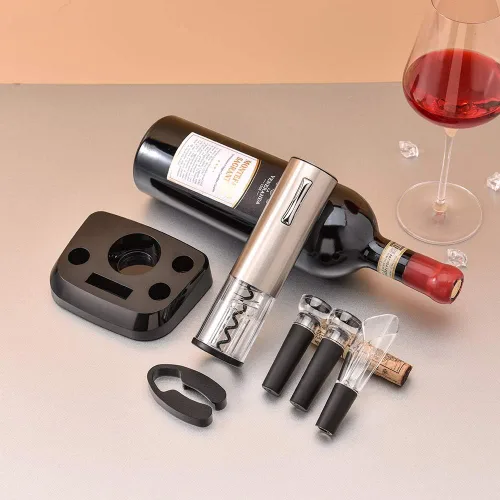Vista 5 de COKUNST Juego de abridor de vino eléctrico con soporte, sacacorchos con carga USB, abrebotellas inalámbrico recargable de un clic con vertedor