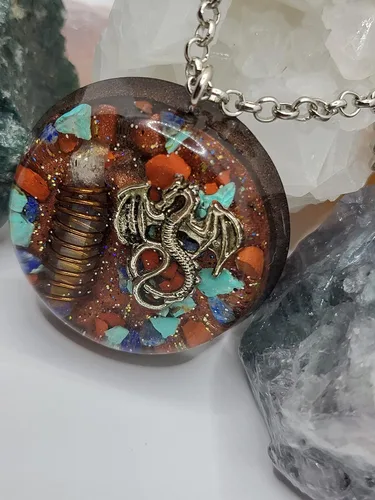Vista 7 de Hubbering Dragon Angel Quartz Copper Wrapped Power Packed Crystal With Mixed Stones Disk Orgone Pendant - Unique Handcrafted Orgonite