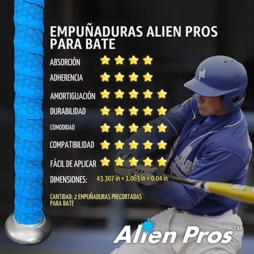 Vista 5 de ALIEN PROS - Cinta de agarre para bate de béisbol 1.1 MM (paquete de 2) - Cinta de bate de calidad Pro, precortada - Envuelve tu bate para un home