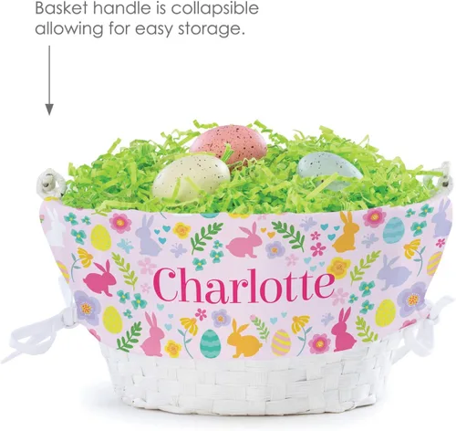 Vista 6 de Cesta de huevo de Pascua personalizada con diseño de flores de conejo con asa y nombre personalizado, forros de canasta de Pascua rosados, canasta
