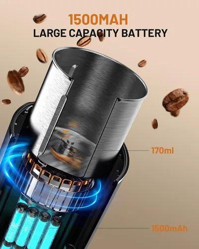 Vista 4 de CEVING Molinillo de café de hoja manos libres, molinillo de café inalámbrico con molienda ajustable 5-30S, seguridad de triple bloqueo y batería