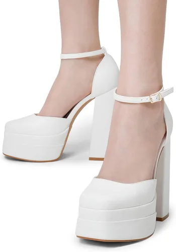 Vista 4 de DREAM PAIRS Zapatos de tacón alto y grueso para mujer, con puntera cerrada, puntera cuadrada, correa al tobillo, para boda, fiesta, zapatos de tacón