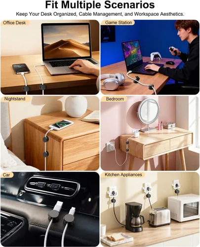 Vista 7 de OneLeaf Paquete de 12 clips de cable de resorte giratorios de 360° [1s bloqueo], soporte de cable adhesivo para mesita de noche, soporte de cable