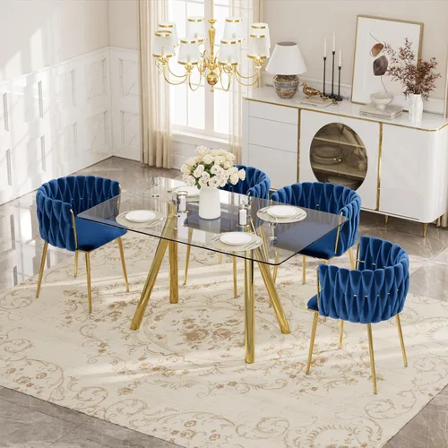 Vista 10 de Glam Style - Juego de mesa de comedor de 5 piezas para 4, mesa de comedor rectangular de vidrio templado de 51 pulgadas con base de metal dorado
