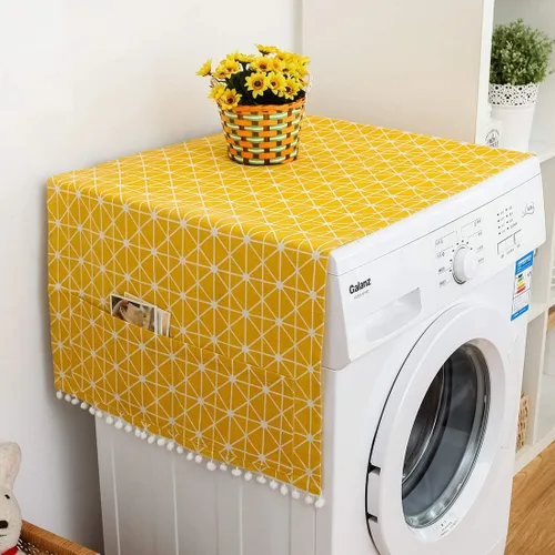 Vista 11 de vctops Funda de algodón y lino con estampado bohemio para nevera, a prueba de polvo, pompones, cubierta superior de lavadora multiusos con 6