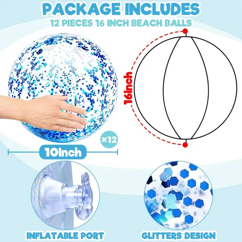 Vista 2 de Paquete de 12 bolas de playa inflables con purpurina a granel, pelota de playa de 16 pulgadas, juguetes para juegos de adultos y niños, decoración