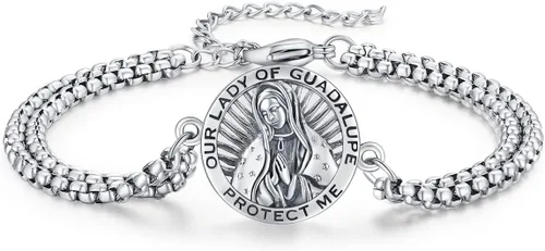 Vista 99 de Pulsera unisex de San Miguel/Cristóbal/Benedicto/Jude/José/Guadalupe/Ángel de la Guarda/Santa Muerte Pulsera de plata de ley 925 con cadena de doble