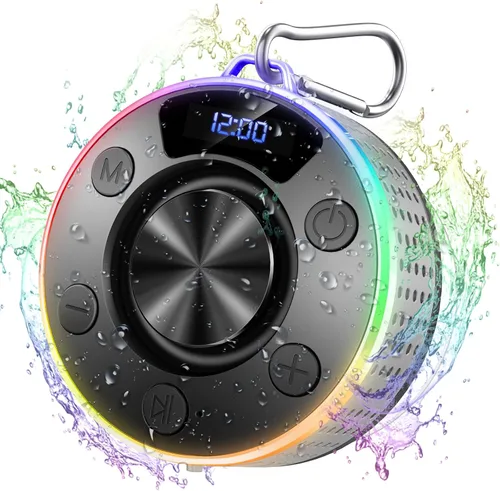 Vista 8 de Donerton Bluetooth Shower Speaker, Portable Bluetooth 5.4 Speaker with 360°HD Stereo Sound and Robust Bass, IPX7 Waterproof Speakers, LED Light