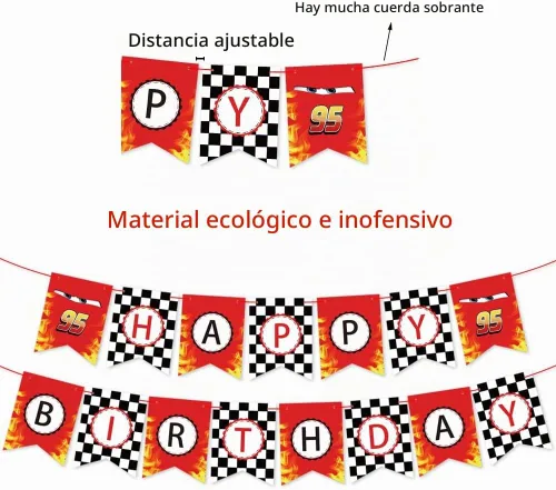 Vista 3 de Cartel de cumpleaños de coche de carreras, suministros para fiestas temáticas de bandera a cuadros Rojo