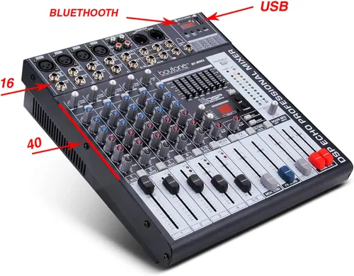 Vista 3 de Boytone BT-60MX, mezclador de audio Bluetooth de 6 canales, controlador de sonido DJ, reproductor de MP3 USB, conector de micrófono XLR, ecualizador