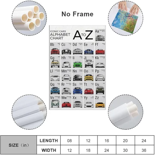 Vista 2 de CYPGTBCK Póster del alfabeto del coche ABC para niños, póster de aula, pintura decorativa, lienzo, arte de pared, póster de sala de estar