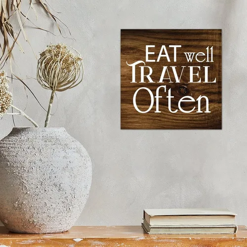 Vista 3 de LITTLEGROVE SEEDS Letreros de madera rústica con refranes Eat Well Travel Often, placa de madera de granja, decoración de pared rústica para sala