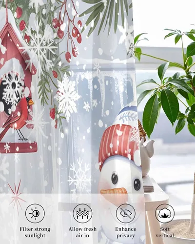 Vista 4 de Cortinas traslúcidas de invierno con diseño de muñeco de nieve de 63 pulgadas de largo, juego de 2 paneles de cortinas para cocina, dormitorio, sala