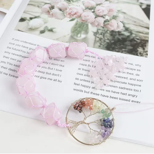 Vista 2 de Adornos colgantes de piedras de chakra del árbol de la vida, espejos retrovisores de automóvil, decoración de cristal curativo, accesorios